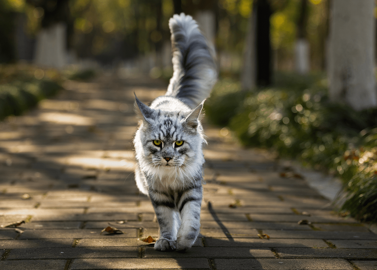 Fluffy cat strolling outdoors in daylight